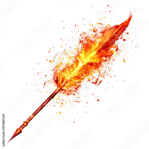 A fiery spear with a bright orange flame burning around the blade on a white isolated background