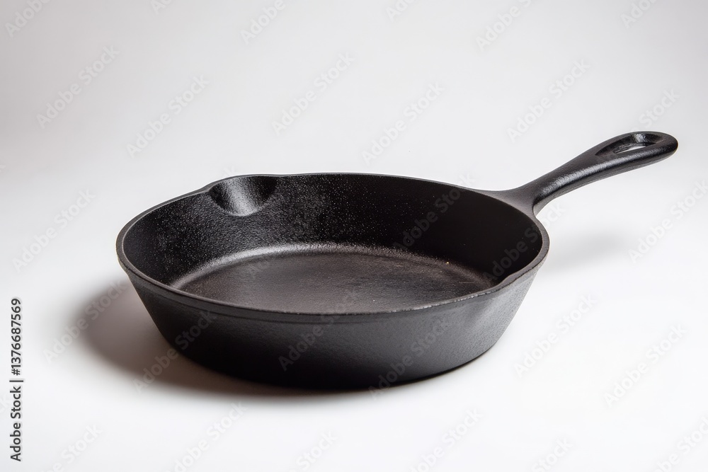 A black cast iron skillet photographed against a white background A black cast iron skillet photographed against a white background