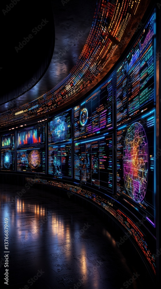Obraz premium A futuristic data visualization wall displays colorful graphs and charts, showcasing complex information in an immersive digital environment.