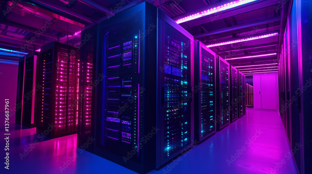 Futuristic Data center. Big Data analytics platform. Quantum processor in the global computer network. 3d illustration of digital cyberspace with HUD element Futuristic Data center. Big Data analytics platform. Quantum processor in the global computer network. 3d illustration of digital cyberspace with HUD element