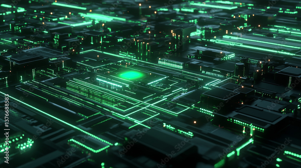Fototapeta premium Digital city of future. Global Cyberspace. 3D illustration of wireless internet technologies. Database protection and secure transmission of information on blockchain network