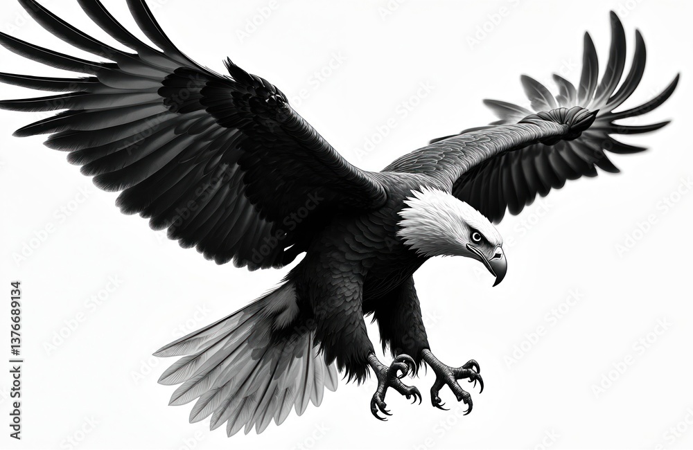 Obraz premium Black white bald eagle illustration isolated on white background. Drawing of majestic bird of prey with wings spread. Perfect for nature wildlife theme projects. American symbol freedom, power.