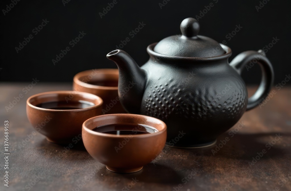 black ceramic teapot with textured surface and three brown cups filled with tea on dark background. warm and inviting setting. tea ceremony, asian culture. poster, website banner black ceramic teapot with textured surface and three brown cups filled with tea on dark background. warm and inviting setting. tea ceremony, asian culture. poster, website banner