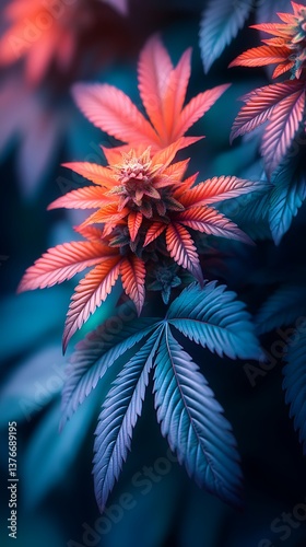 Close-Up Of Vibrant Cannabis Plants With Orange And Blue Leaves Against Dark Background

