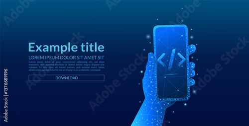 Digital hand holding a smartphone. Close-up of a 3D digital programming code symbol on a light blue screen over a technological background. Software and web development concept