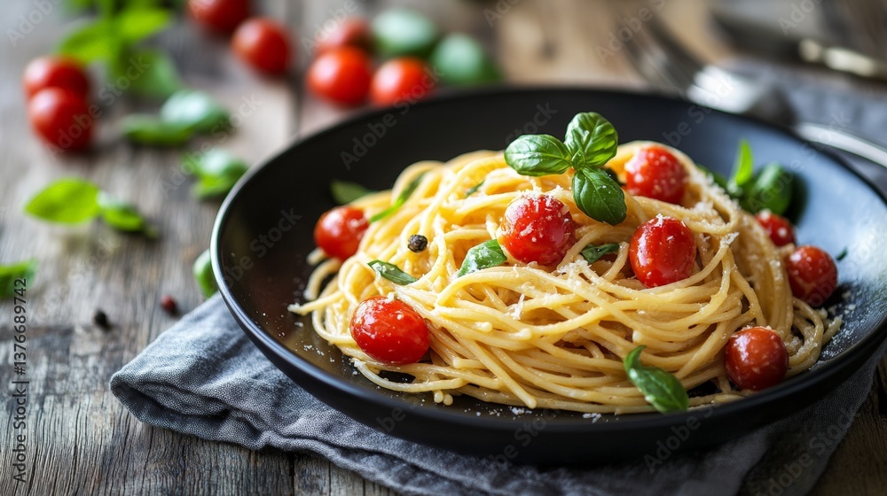 Delicious italian spaghetti with cherry tomatoes and basil on rustic wooden table Delicious italian spaghetti with cherry tomatoes and basil on rustic wooden table