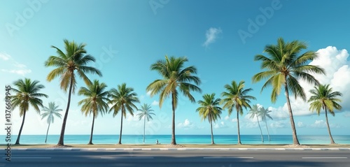Coastal highway road with palm trees, blue sky, ocean view. Scenic tropical landscape perfect for summer travel vacation. Roadside palm trees tropical paradise.