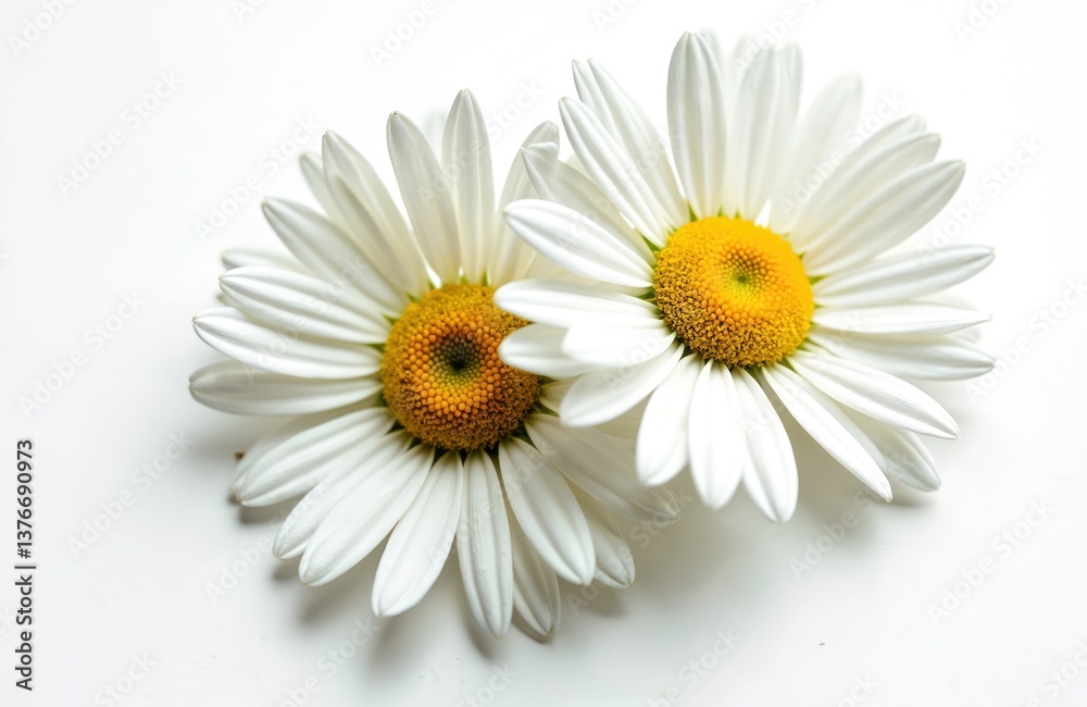 Obraz premium Close-up of two beautiful chamomile flowers on white. White petals, yellow centre. Chamomile tea theme. Nature spa wellness concept. Fresh herbal remedy, skincare, beauty.
