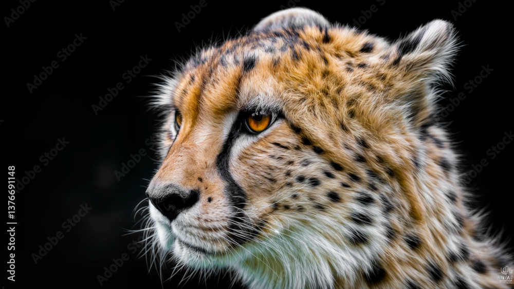 Obraz premium Cheetah with striking features resting against a dark backdrop in a natural habitat during daylight hours