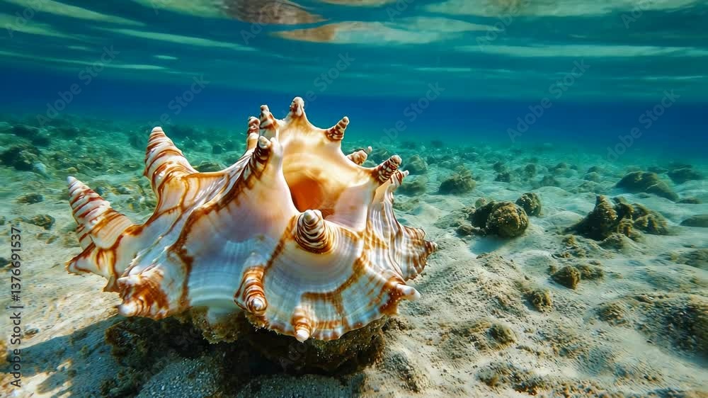 Beautiful conch shell resting on sandy ocean floor under clear turquoise water