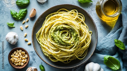 Delicious pesto spaghetti with basil, pine nuts, and olive oil on rustic table
