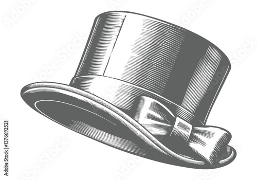 Engraved vintage top hat illustration in black and white with detailed linework and Victorian-era elegance


