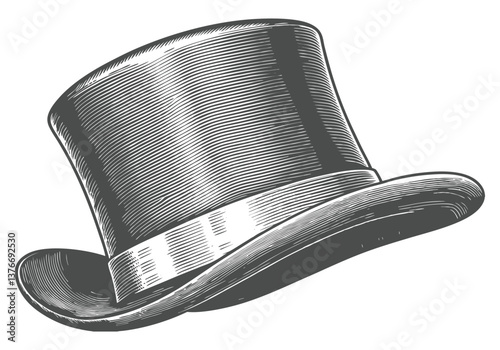 Engraved vintage top hat illustration in black and white with detailed linework and Victorian-era elegance


