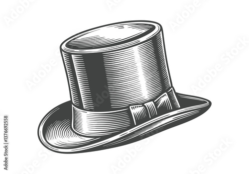 Engraved vintage top hat illustration in black and white with detailed linework and Victorian-era elegance

