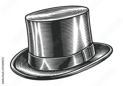 Engraved vintage top hat illustration in black and white with detailed linework and Victorian-era elegance

