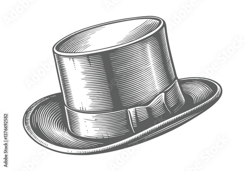 Engraved vintage top hat illustration in black and white with detailed linework and Victorian-era elegance


