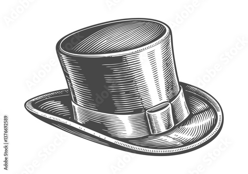 Engraved vintage top hat illustration in black and white with detailed linework and Victorian-era elegance

