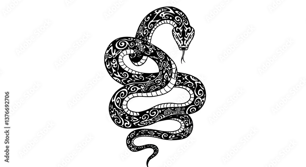 Obraz premium Coiled Snake Illustration Detailed Ornamental Black and White Serpent Design