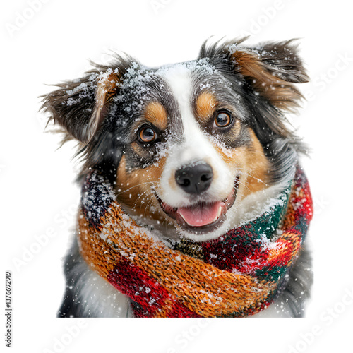 A Dog Wearing a Festive Scarf Playing in the Snow Isolated on Transparent Background