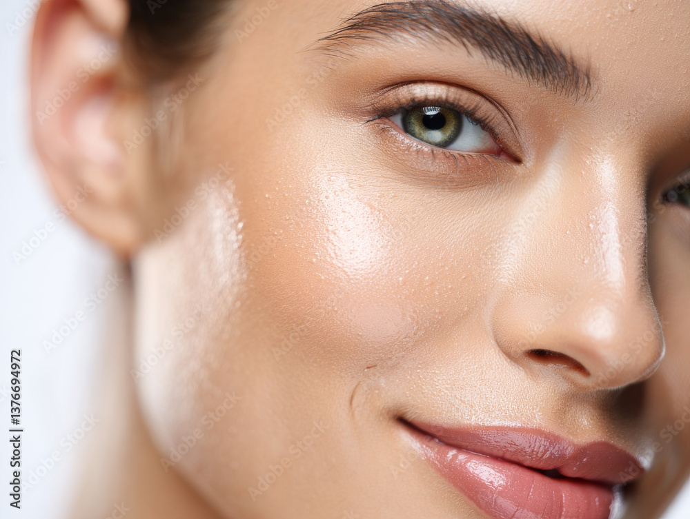Obraz premium Extreme close-up of young woman's face with fresh dewy skin covered in fine water droplets, green eye, and soft smile under bright studio light