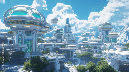 Digital city in space. Computer of future, circuit board and hardware 3d illustration. Wireless internet technologies. Database protection and secure transmission of information on blockchain network