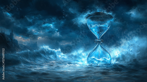 Epic digital art of an hourglass rising from turbulent ocean waves under a stormy sky, symbolizing time and chaos.