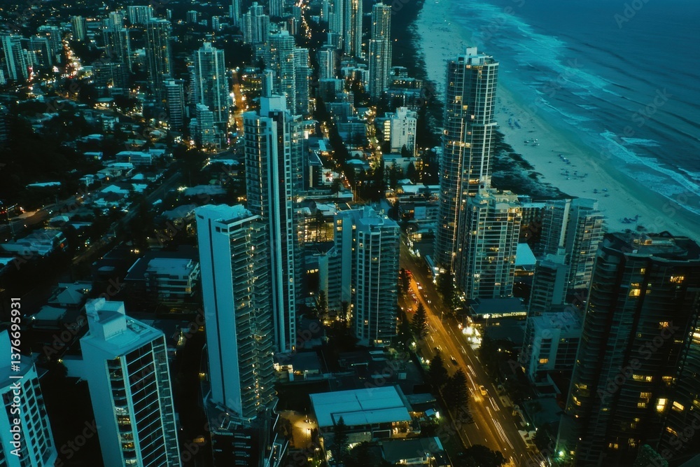A view of the gold coast city center with high rise buildings and beach in background, with modern apartment block buildings at night, aerial shot, blue hour lighting, white building Generative AI A view of the gold coast city center with high rise buildings and beach in background, with modern apartment block buildings at night, aerial shot, blue hour lighting, white building Generative AI