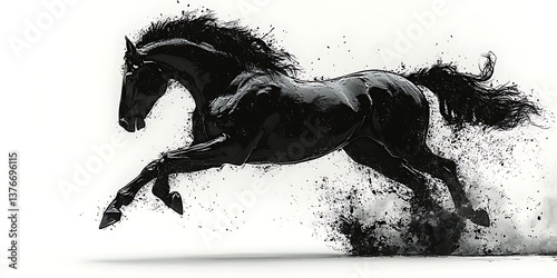Black horse running with white bg.