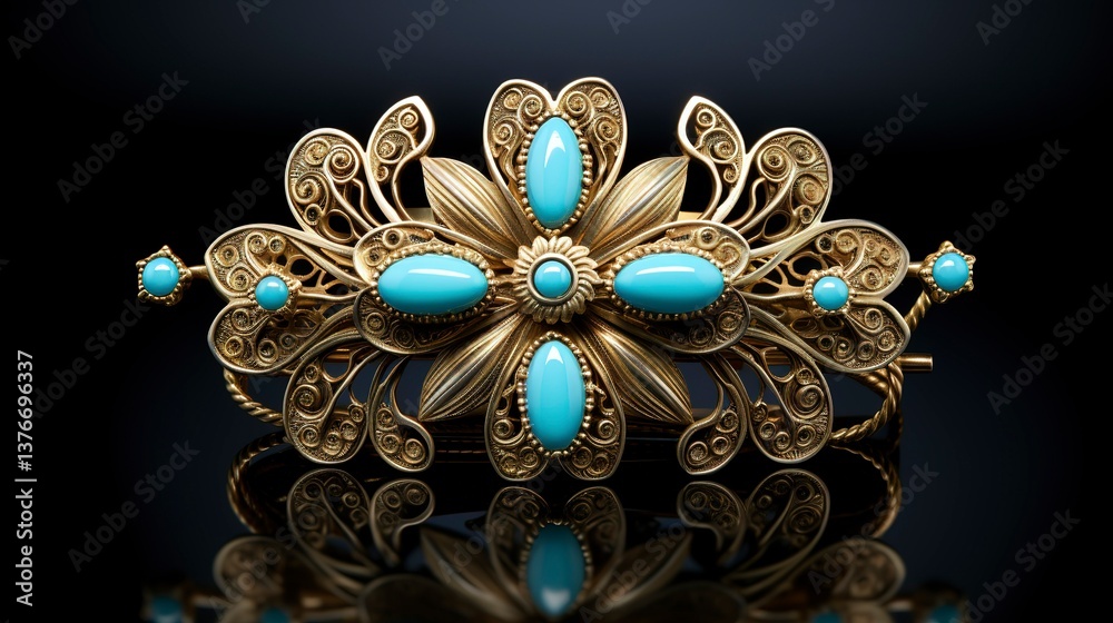 Fototapeta premium A photo of a gold and turquoise brooch.