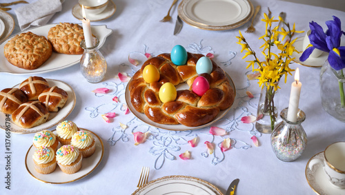 Festive Easter Table with Traditional Pastries and Colorful Eggs