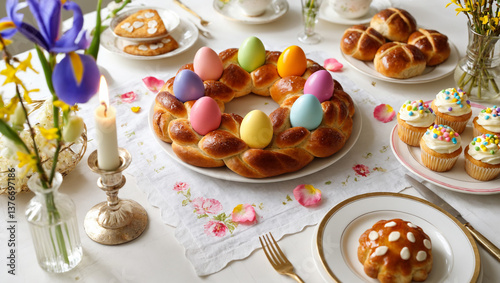 Festive Easter Table with Traditional Pastries and Colorful Eggs