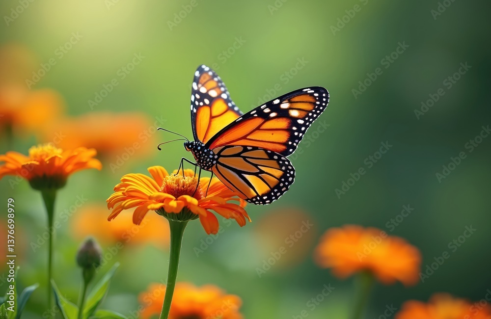 Naklejka premium Monarch butterfly on orange flowers. Bright butterfly sits on petal, green blurred background. Summer nature, floral elements, insect macro photo. Insect on orange blossom, copy space.