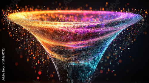 Big data. Processing an array of information. Global digital network. 3D illustration of a space funnel in neon colors
