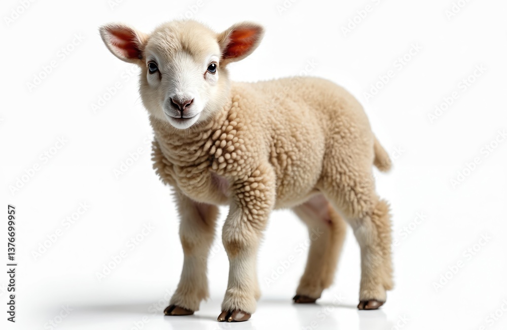 Fototapeta premium Adorable baby lamb stands isolated white background. Cute newborn sheep with fluffy wool. Animal, livestock, agriculture, farming, pet, nature, spring, Easter, farming concept.