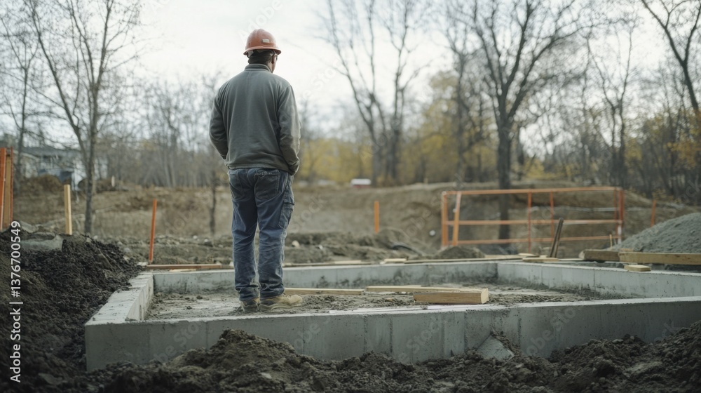 A construction worker overseeing the construction of a foundation. Featuring leadership and planning A construction worker overseeing the construction of a foundation. Featuring leadership and planning