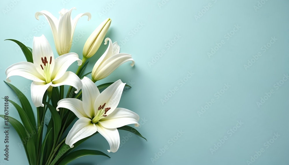 Fototapeta premium White lily flowers on matching background with copy space. Beauty, spa, wellness, natural cosmetic concept. Blossoms, floral fragrance, hygiene. Calmness, vitality. Perfect for design, beauty product