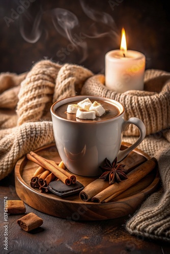 Wallpaper Mural A steaming cup of thick, velvety hot chocolate with a large marshmallow slowly melting on the surface, creating ripples. The scene is cozy and inviting, with a dark, moody background Torontodigital.ca