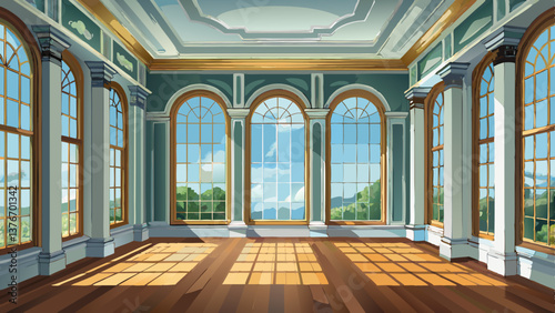 Classical empty room interior 3d render The rooms have wooden floors and gray walls  decorate with white moulding there are white window looking out to the nature