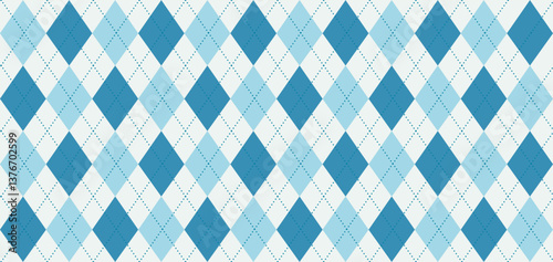 Argyle vector pattern. Light blue and dark blue squares with thin dark blue dotted line. Geometric background for menswear, wrapping paper. Background for baby shower. Checkered Seamless Pattern.