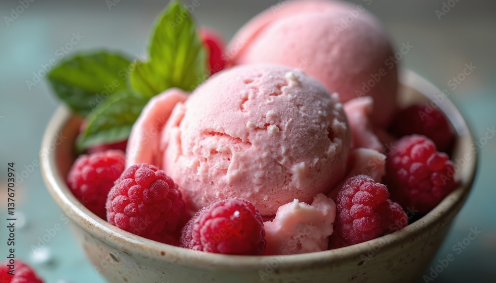 Homemade organic ice cream scoops with fresh raspberry berries served in bowl with mint leaves. Cold dessert, sweet refreshing delicious summer treats. Tasty gelato sundae. Homemade organic ice cream scoops with fresh raspberry berries served in bowl with mint leaves. Cold dessert, sweet refreshing delicious summer treats. Tasty gelato sundae.