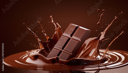 Delicious Melted Chocolate with Gourmet Dark Chocolate Bar. Sweet cocoa dessert.
