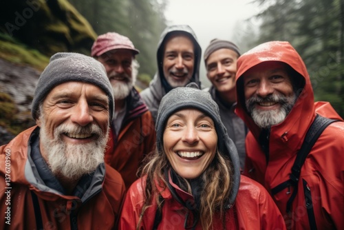 Portrait of smiling group of senior hikers while raining in forest