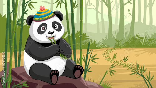 A delightful illustration of a cute panda wearing a colorful hat, happily munching on bamboo amidst a serene bamboo grove.