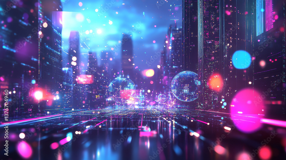 Big data, cryptography programming 3D illustration. Neural network, cloud technologies. Global database, artificial intelligence. Bright, black and white background with bokeh effect