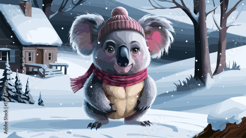 A cute koala wearing a snowy pink hat and a red scarf stands in a frosty landscape, surrounded by a cozy cabin and snow-covered trees.