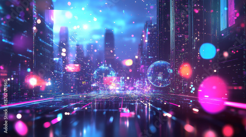 Obraz na płótnie Big data, cryptography programming 3D illustration. Neural network, cloud technologies. Global database, artificial intelligence. Bright, black and white background with bokeh effect w salonie