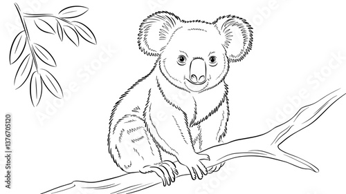 A charming black and white outline of a koala bear perched on a branch, surrounded by a leafy background. Perfect for coloring or educational materials.