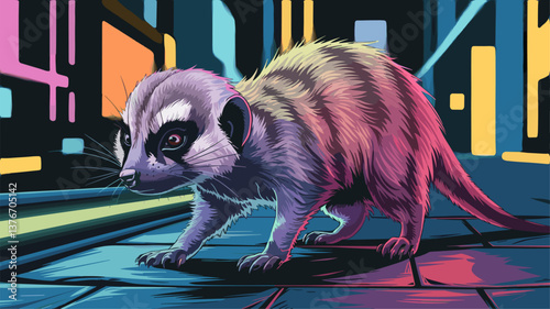 A vibrant illustration of a meerkat roaming a neon-lit urban environment, showcasing a blend of wildlife and futuristic aesthetics.