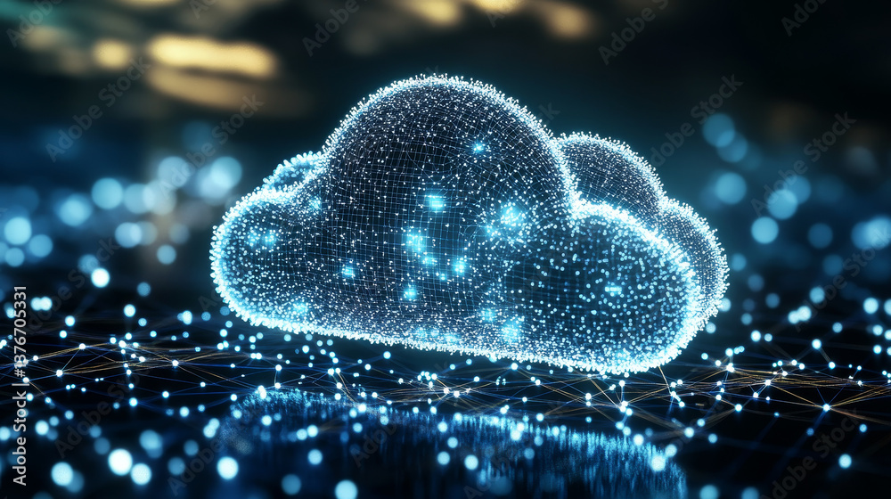 Big data 3D illustration. Neural network and cloud technologies. Global database and artificial intelligence. Bright, black and white background with bokeh effect