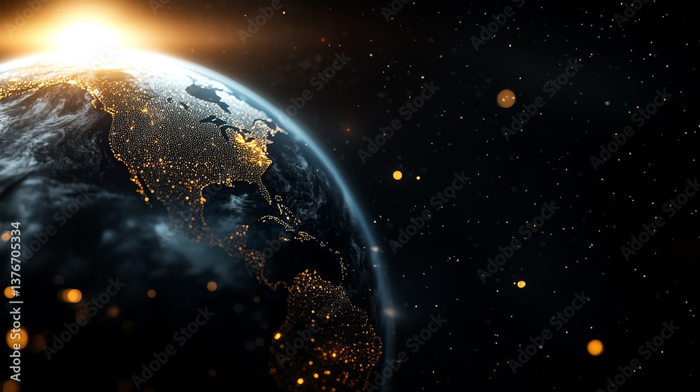 Big data 3D illustration. Neural network and cloud technologies. Global database and artificial intelligence. Bright, black and white background with bokeh effect